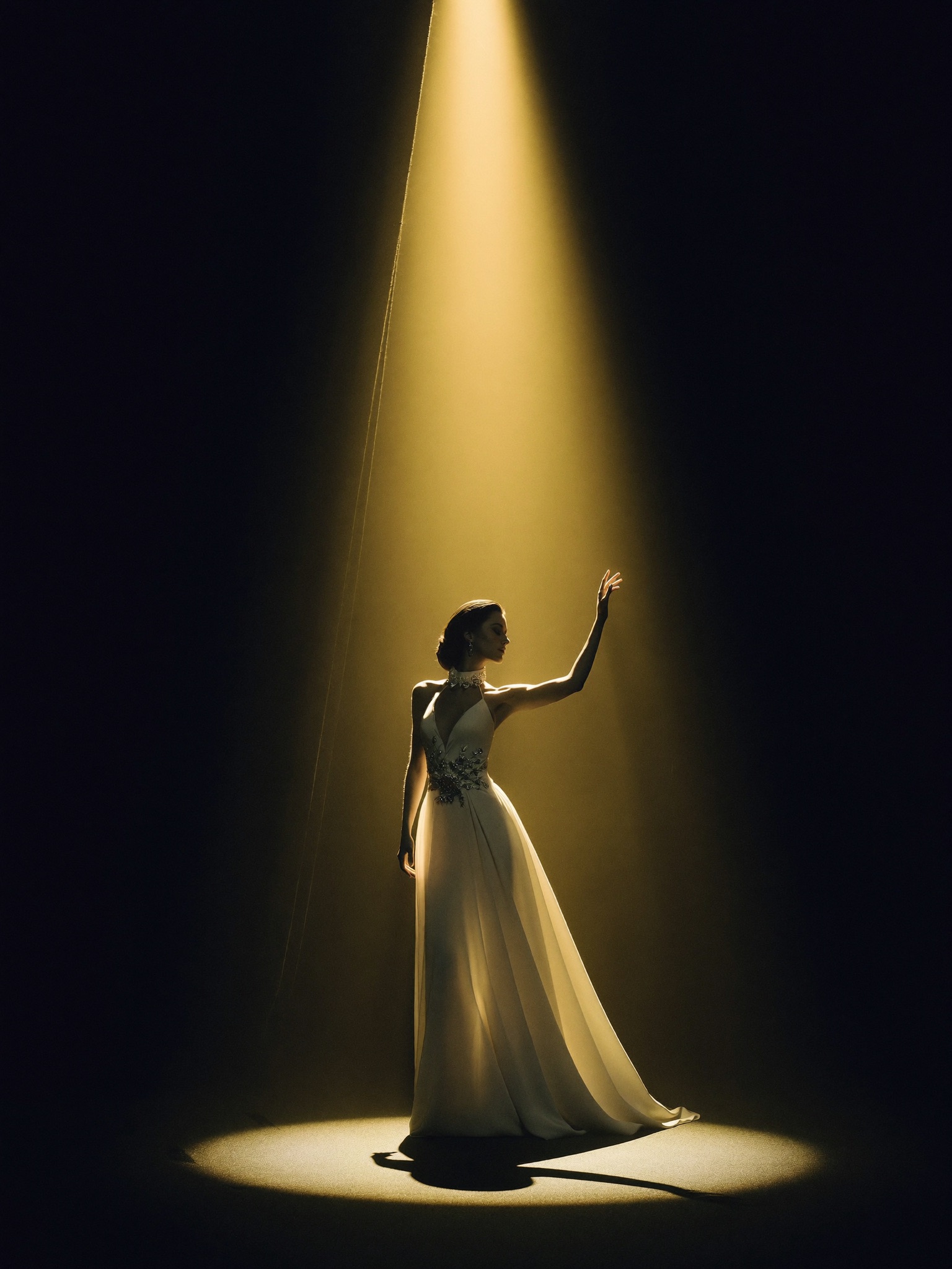 Chanteuse lyrique en silhouette sous un projecteur doré